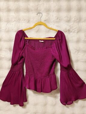 meraki Fuchsia Smocked Peplum Top with Bell Sleeves